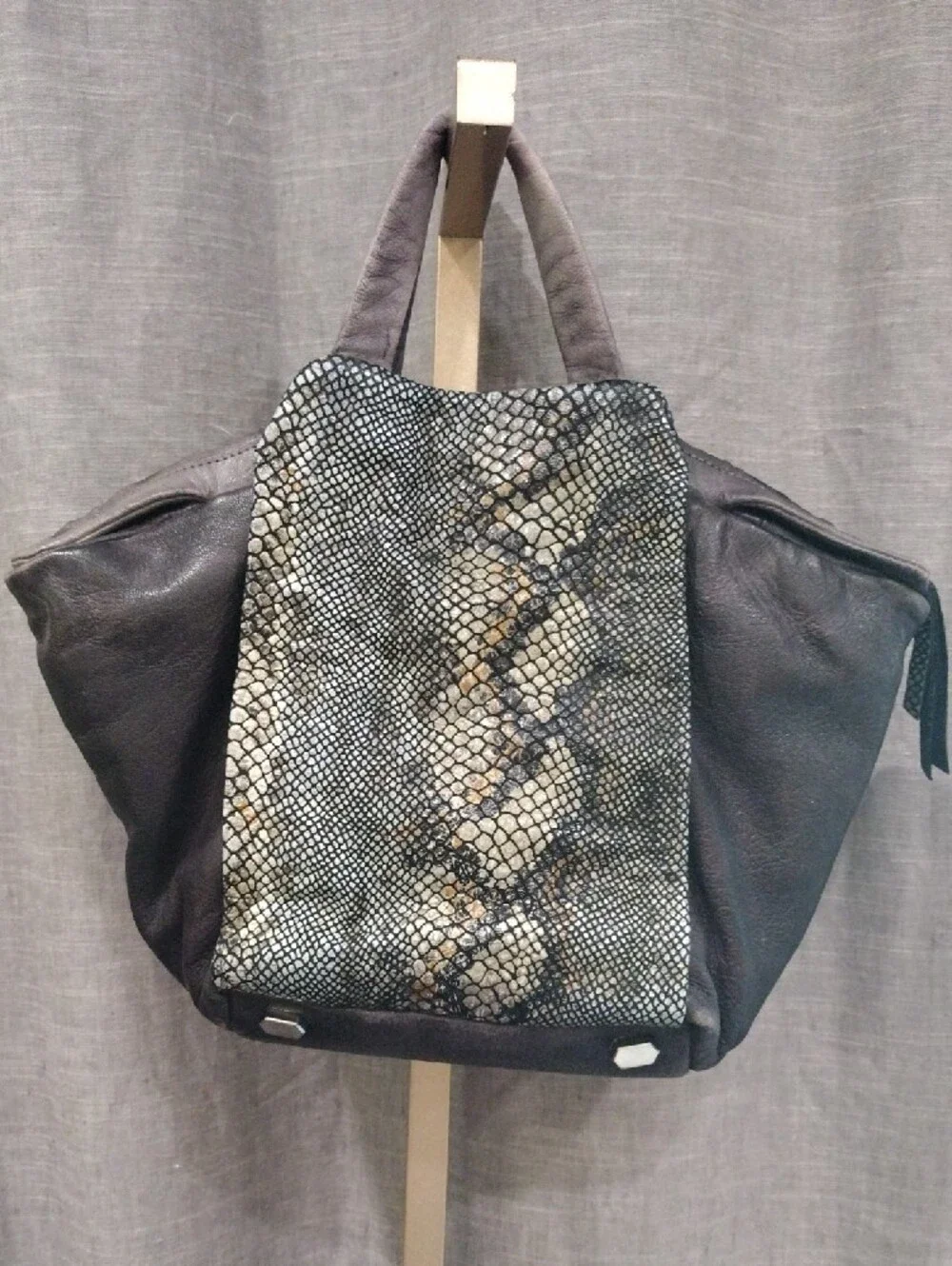 Textured Gray Snake-Print Tote with Leather Sides